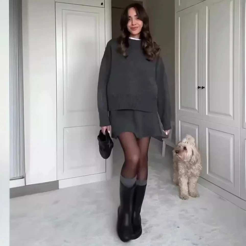 Knit Skirt Suit Women Pullover Sweater Mini Skirts 2 Piece Sets Round Collar Knitted Top Knitwear Outfits Autumn Casual Ensemble