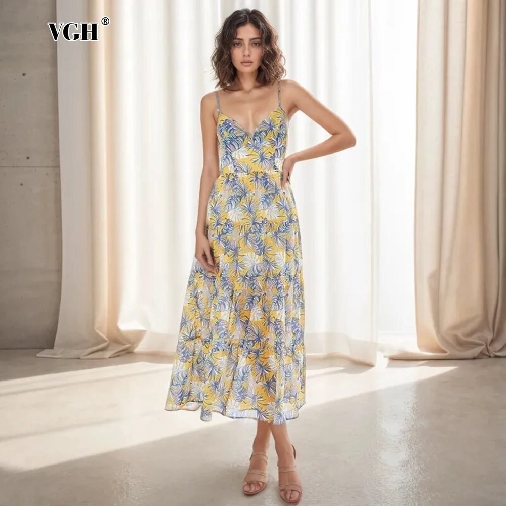 VGH Floral Printing Camisole Dress For Women V Neck Sleeveless High Waist Temperament Elegant Hit Color Dresses Female Fashion