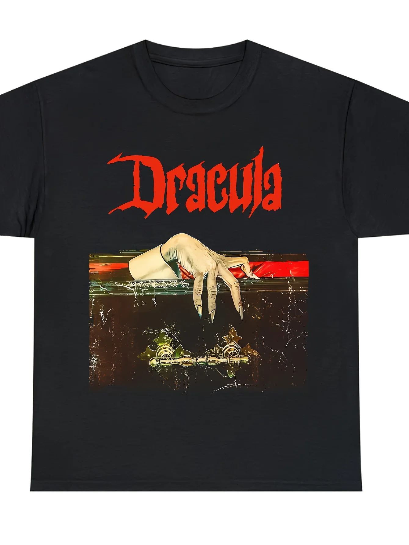 

Women's Vintage Dracula Graphic Print T-Shirt - Black with Red Gothic Lettering & Coffin Design, Short Sleeve Crew Neck Casual