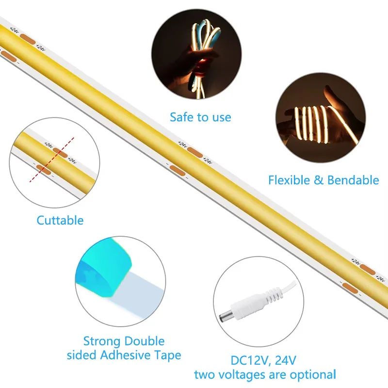 شريط LED مرن 12 فولت/24 فولت COB، 320 مصباح LED/م، مناسب لتزيين الغرفة أضواء LED RA90 عالية الكثافة، أبيض/دافئ/ضوء محايد. #5
