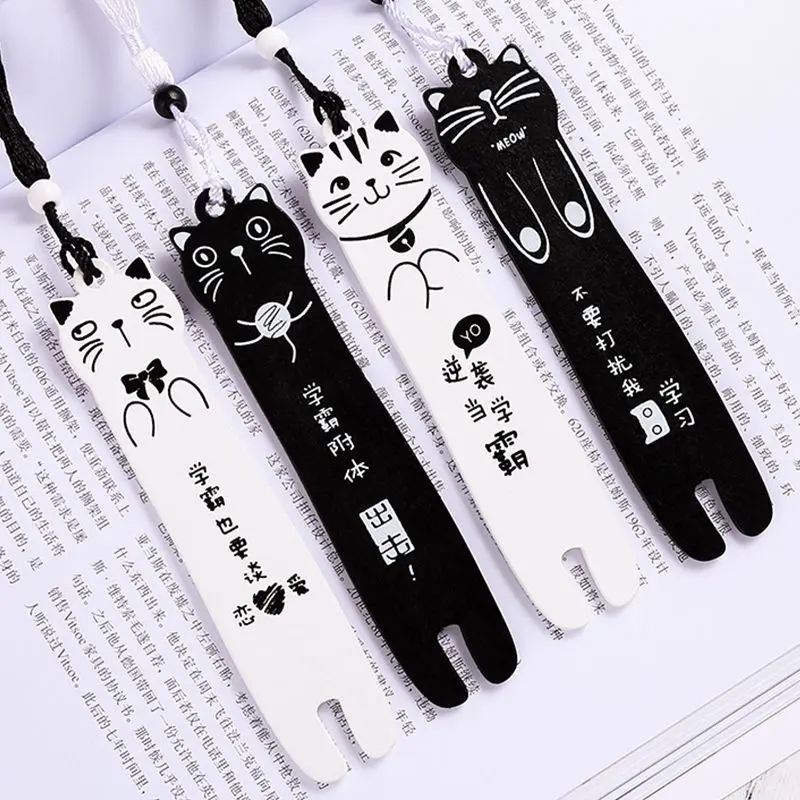 Cartoon Cat Shape Bookmark Students Stationery Cute Wood Bookmarks  Black and White Tassel Pendant Book Mark Kids Prizes