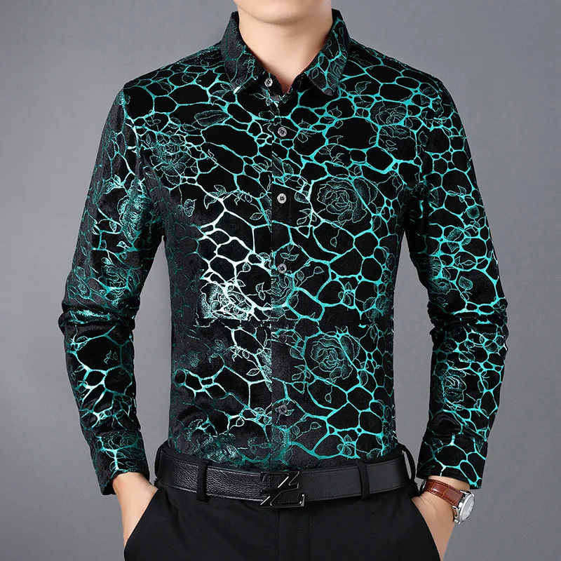 เสื้อ Sablon Bunga สีบรอนซ์สำหรับผู้ชายแขนยาวสบายๆนิ่มหรูหรา Camisas de Hombre ฤดูใบไม้ร่วงคุณภาพสูง