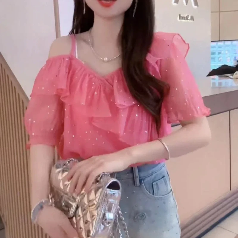 Korean Commute Summer New Chiffon Shirt Women\'s Patchwork Sequins Off Shoulder Short Sleeve V-neck Strap Ruffles Loose Blousesrt