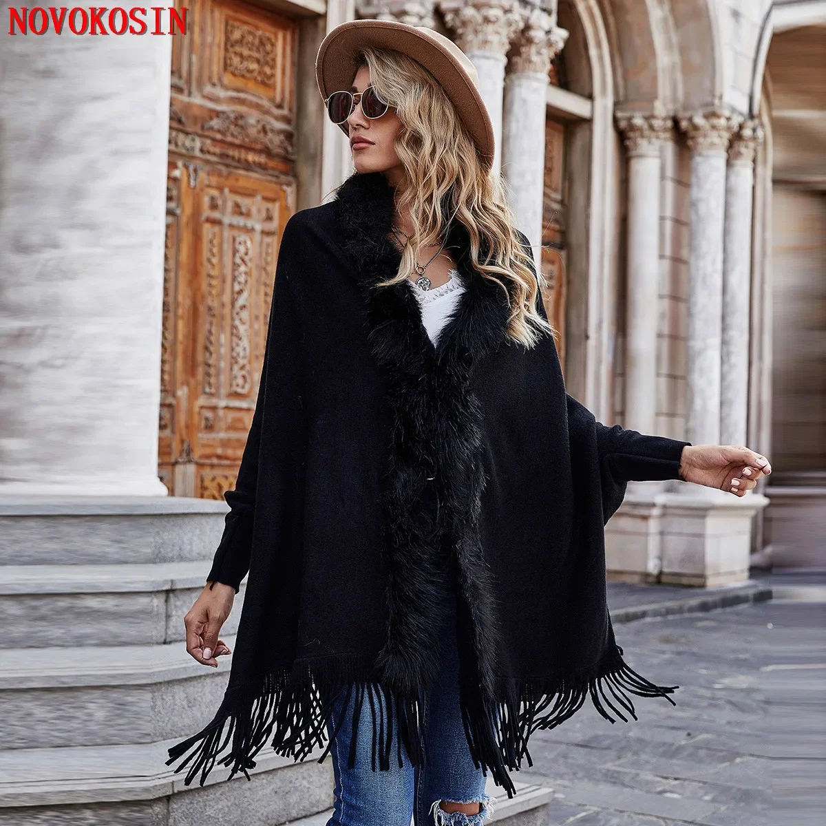 

7 Colors Women Faux Fur Collar Knitted Cloak 2022 Loose Cape Winter Warm Poncho Female Batwing Sleeve Cardigan Tassel Shawl Coat