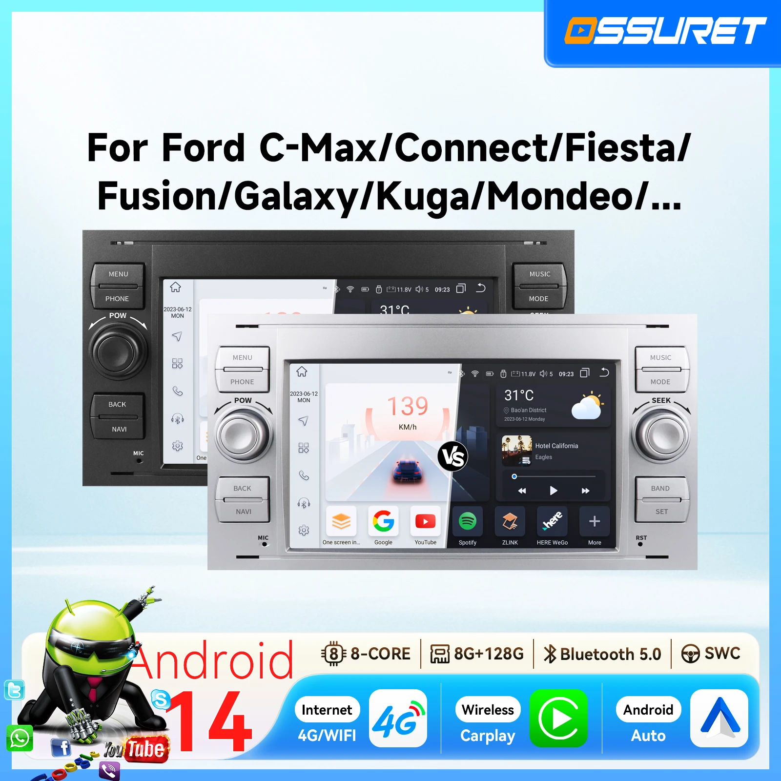 Autoradio Android 14 da 7" con GPS e lettore multimediale per Ford Focus 2005 C-Max Fiesta S-Max Fusion Kuga Transit Mondeo Galaxy, Carplay, unità principale 2Din, schermo intelligente per auto 8Core