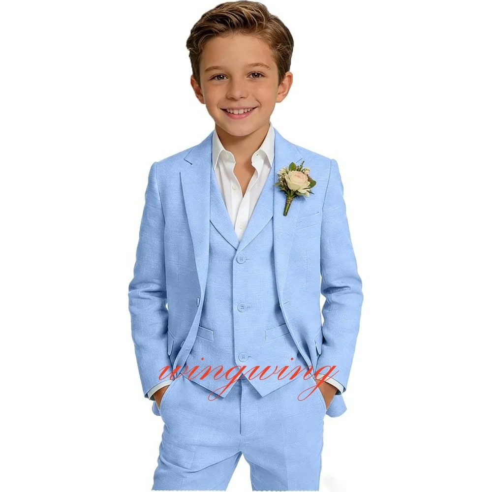 Boys Linen Suits 3 Pieces Blazer Vest and Pants Set Slim Fit Breathable Lightweight Linen Fabric Boys Summer Wedding Tuxedo Suit