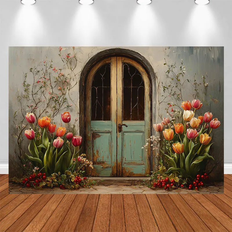 

LS Photography Background Wooden Door Floral Decor Adult Kids Portrait Photo Backdrop Studio