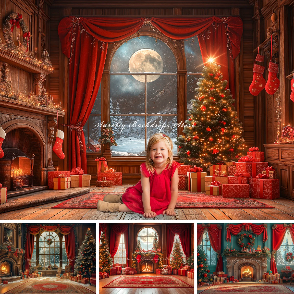 Moonlit Christmas Window Backgrounds Adult Family Photography Props Child Baby Decors Fireplace Presents Photo Studio Backdrops