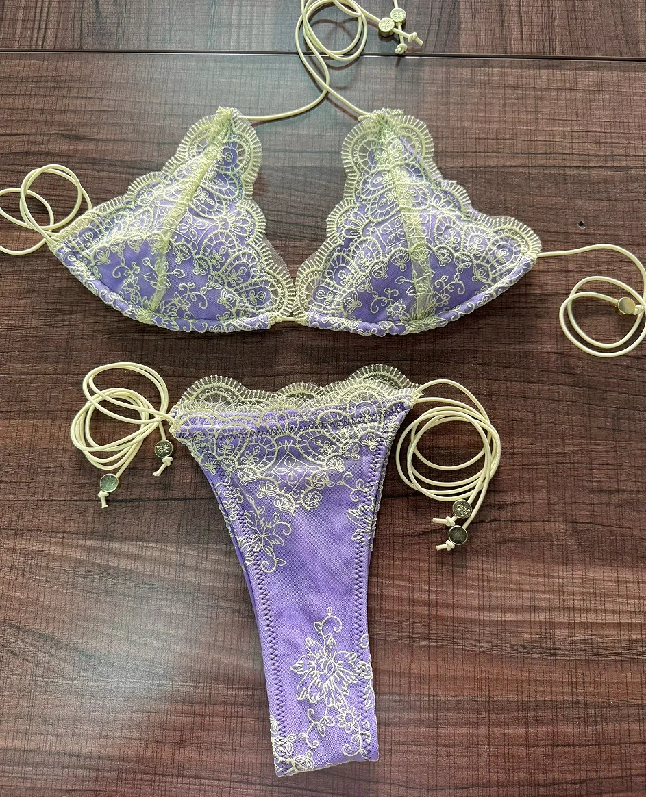 

Микро-стринги, треугольные купальники, сексуальный кружевной комплект бикини, купальник 2025, женский купальник из 2 предметов, пляжная одежда, бандажные купальные костюмы, пляжная одежда