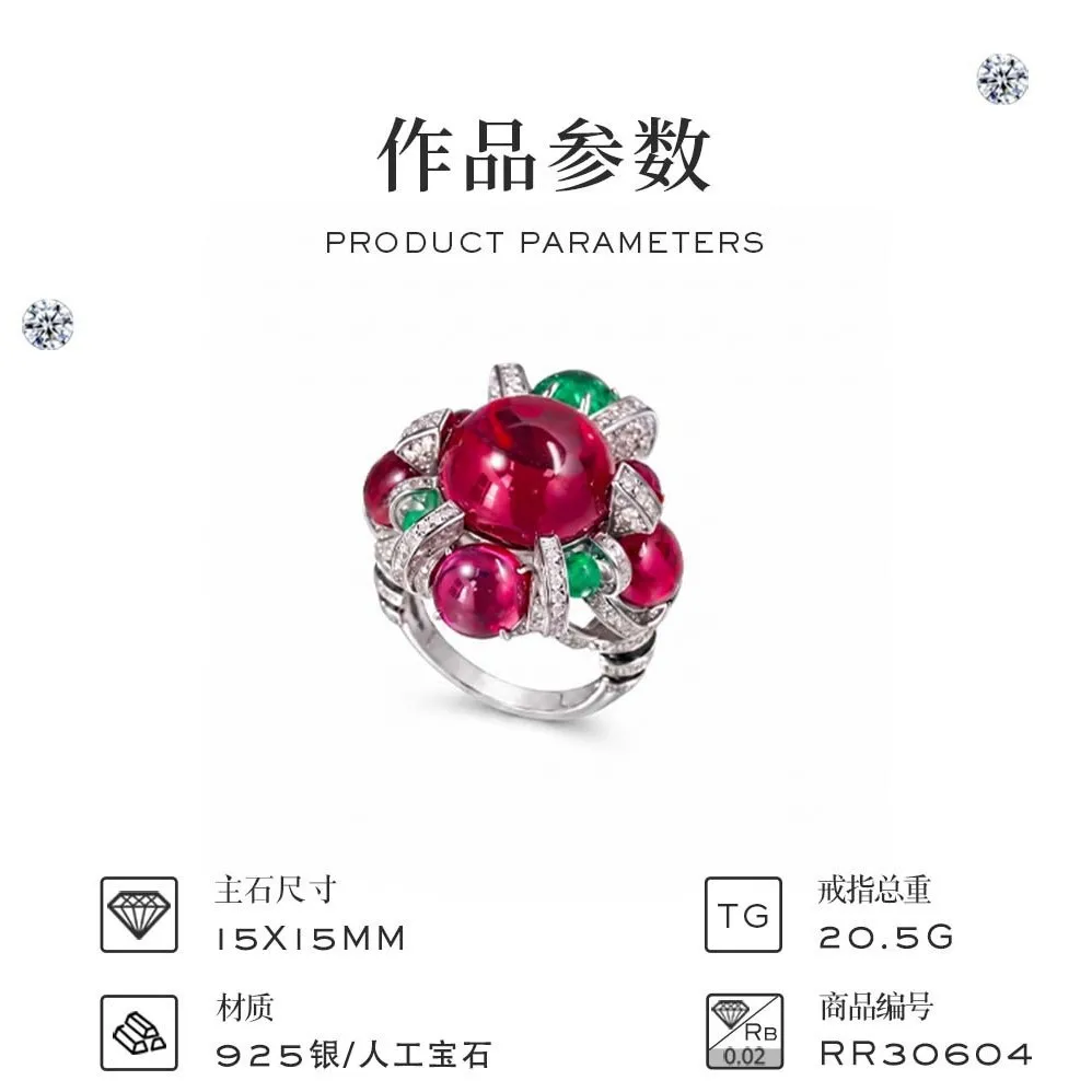 Vintage Art Deco 925 Sterling Silver Ring Round Cabochon  Ruby Emerald Tutti Frutti Floral Jewelry for Women Banquet Gift