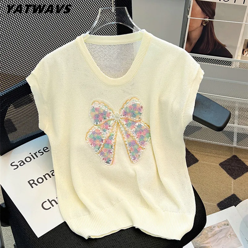 

Summer New Fashion Women's Sequined Embroidery Knitted T-shirt Sweet Ladies Butterfly Beading Sleeveless Slim Tank Tops Tees