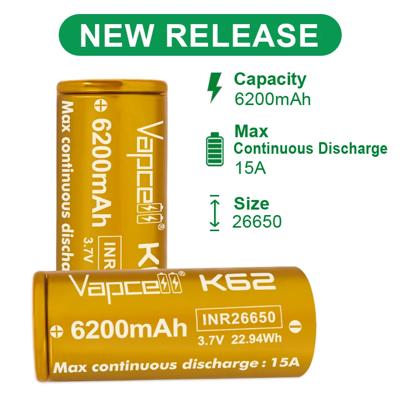 1-10pcs Highest Capacity Vapcell K62 26650 6200MAH 15A lithium battery 3.7V 26650 Rechargeable Battery Cell  for flashlight