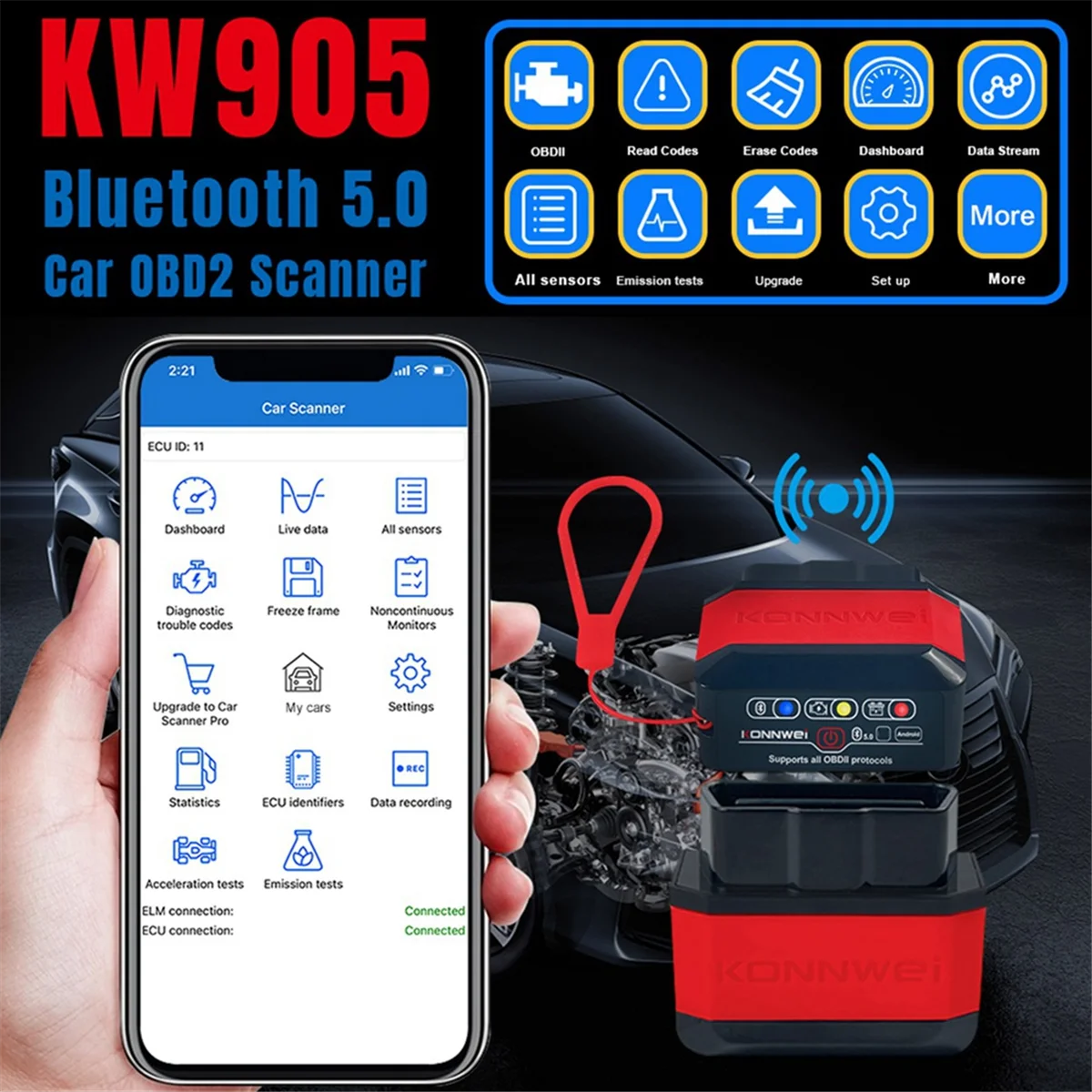 

Автомобильный диагностический сканер KONNWEI KW905 ELM327 V1.5 OBD2, Bluetooth 5,0 для Android/IOS ELM 327 OBD 2, считыватель кодов