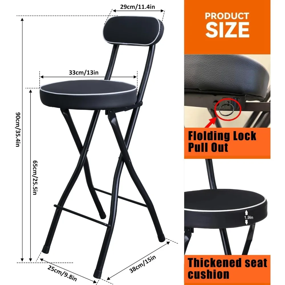 Folding Leather Padded Bar Stool with Backrest, Portable Counter Height Chair for Tall Stools