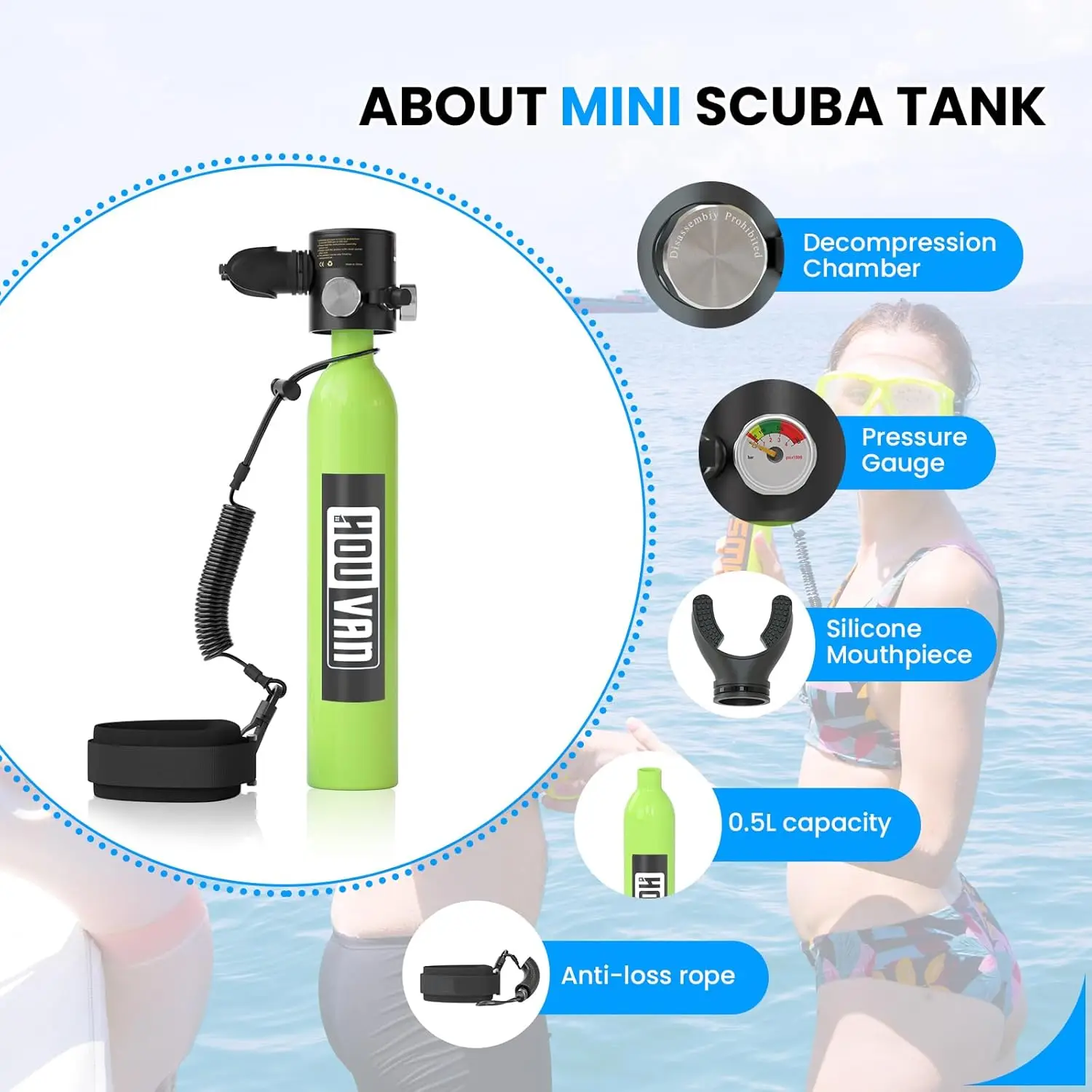 Mini Scuba Tank 0,5L Capaciteit Opblaasbare Duiktank DOT Gecertificeerde Ondersteuning 6-10 Minuten Onderwaterademhaling Draagbare Scuba T