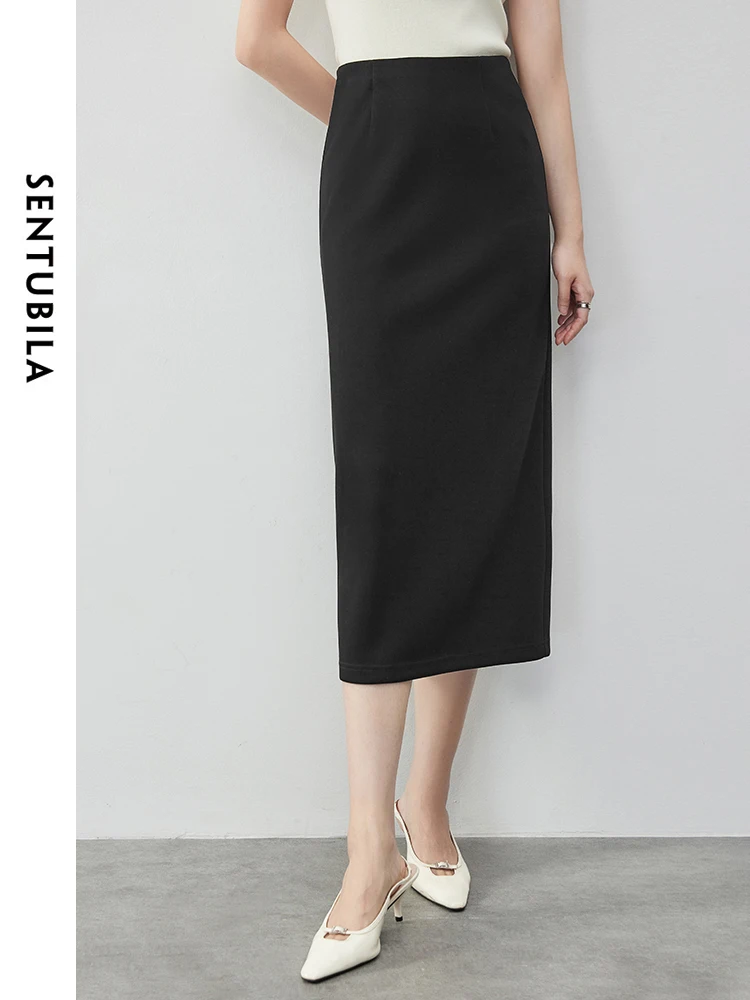 SENTUBILA Slit-hem Knitted Skirt Women 2024 Autumn High-waist Straight Solid Simple Office Lady Basic Long Black Skirt 143Q55788