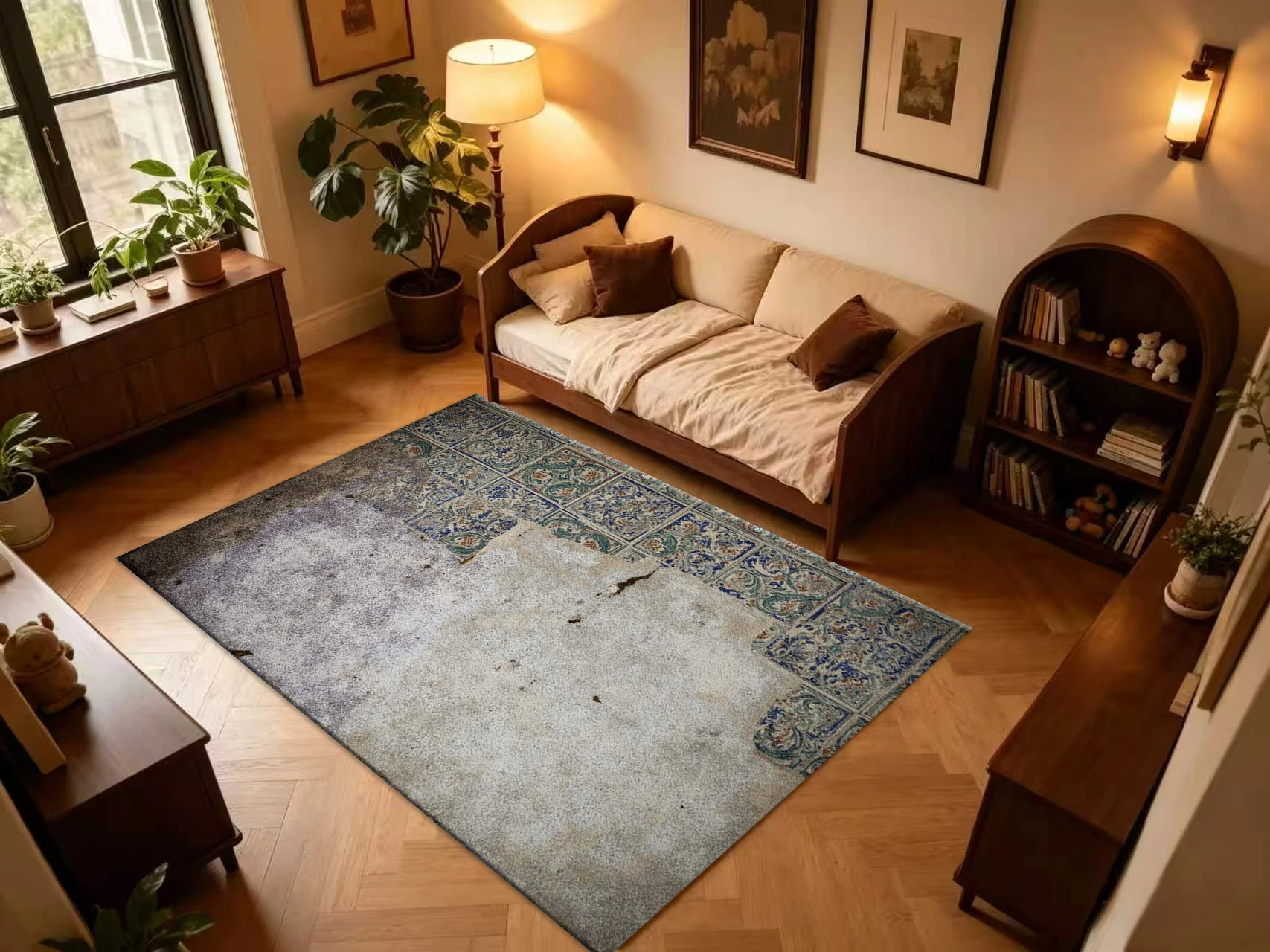 Vintage Worn Ceramic Tile Carpet Flooring Antique Distressed Mosaic Pattern Floor Rug Retro Home Office Decor Mat