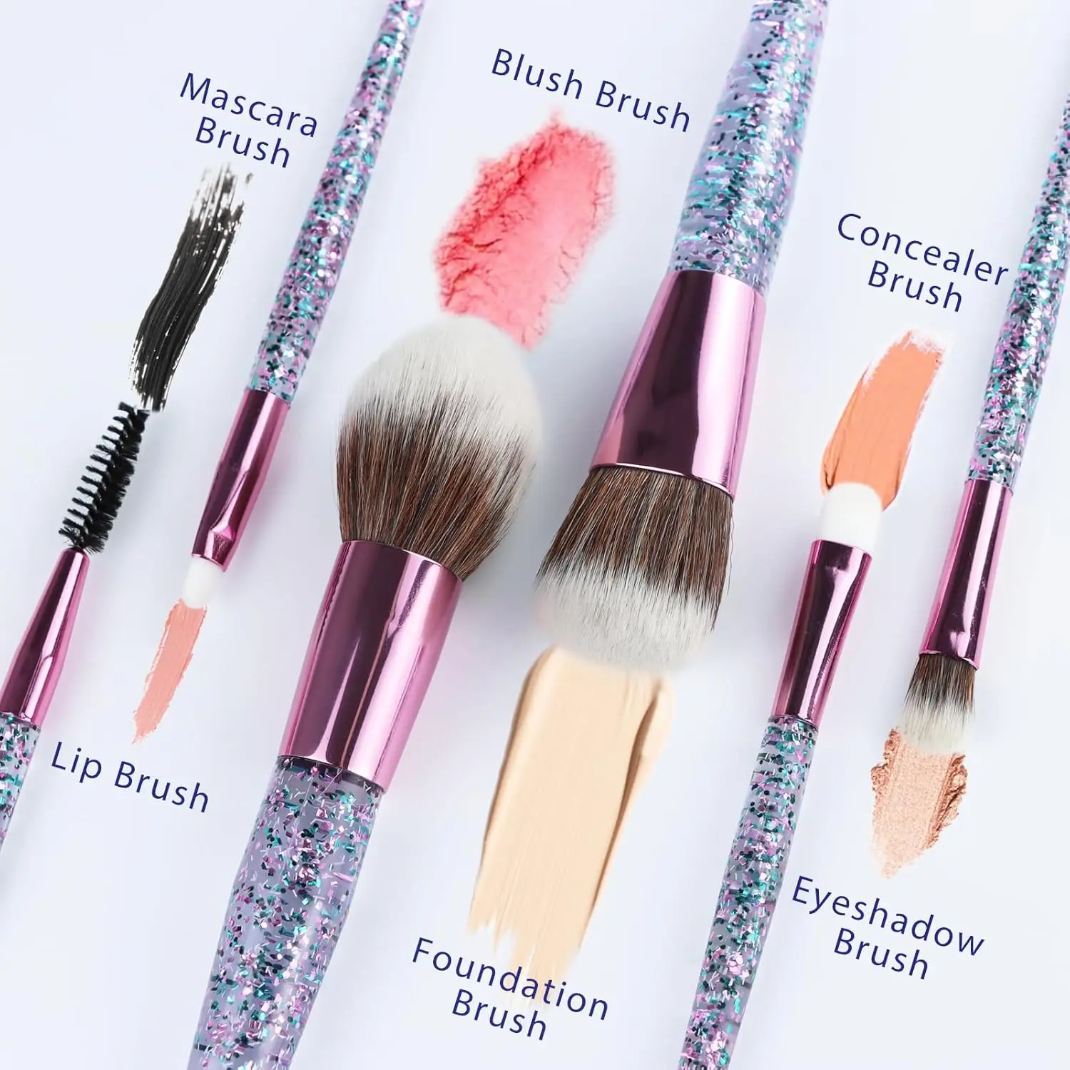 Conjunto de pincéis de maquiagem com 6 peças, com 2 esponjas de beleza e cabo de cristal brilhante, kit de pincéis cosméticos essenciais diários, presentes para mulheres