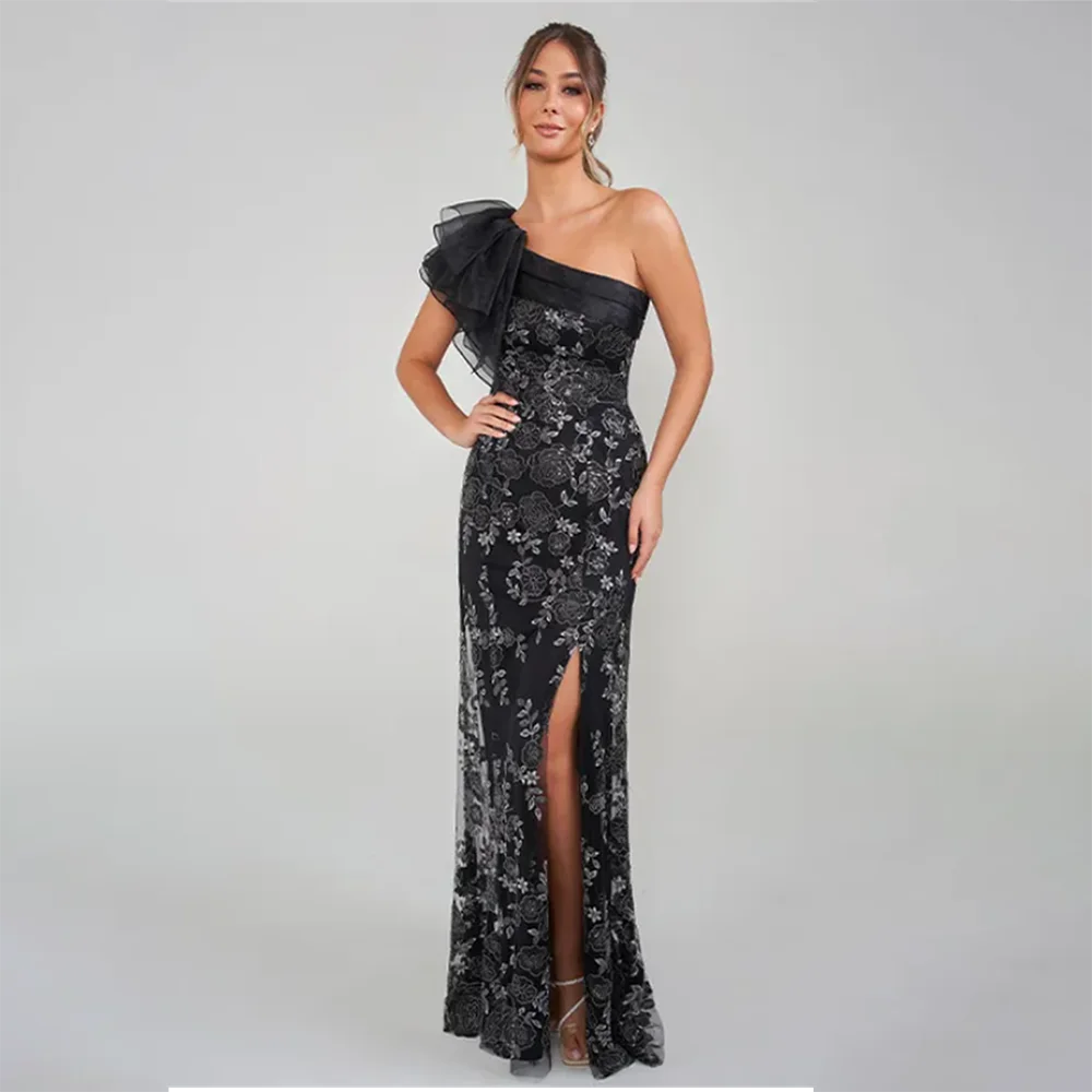 

Evening Gowns One Shoulder Sleeveless Appliques Side Split Elegant Evening Dresses Formal Party Prom Gowns Vestidos De Fiesta