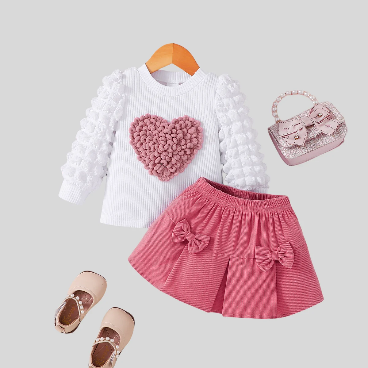 

0-3Y Baby Girls Outfit Set Long Sleeve Ruffled Heart Top &Pink Bowknot Skirt 2PCS Kids Sweet Casual Clothes