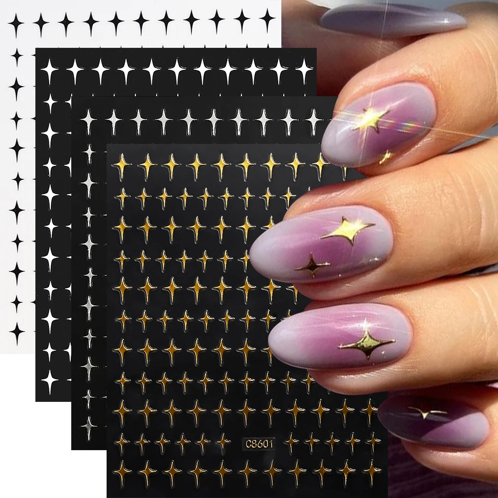 Pegatinas de uñas con letras romanas, diseños góticos, letras en inglés, negro/Blanco/dorado/plateado, autoadhesivas, DIY, 4 piezas