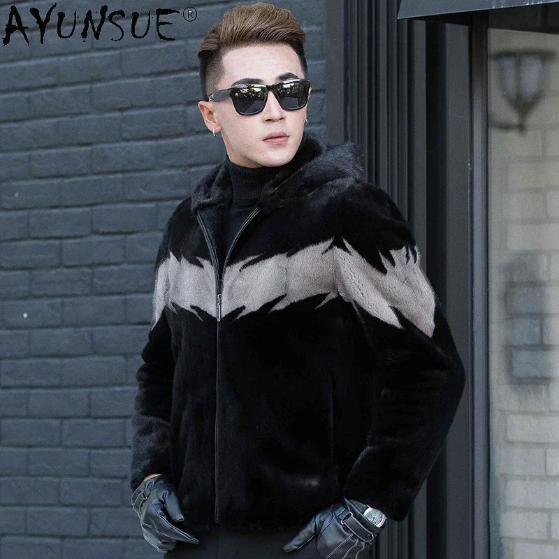 AYUNSUE Brand Real Mink Natural Fur Coat Mens Fur Jacket Coat Hooded Luxury Winter Coats for Men 2023 Fashion Chaquetas Hombre