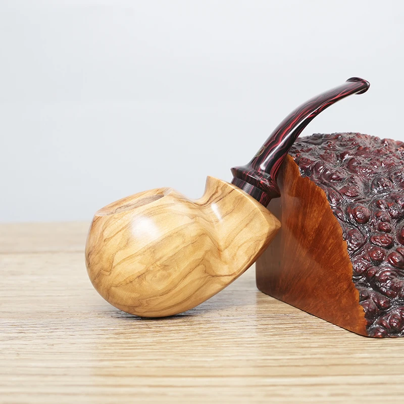 OLD FOX Olive Wood Tobacco Pipe Big Apple Series Pipe Acrylic Curved Handle With Smoke Chamber to Assist Smoking with clean part