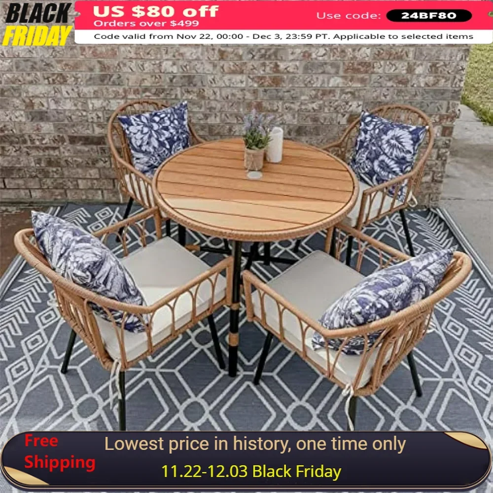 

5 Pieces Outdoor Patio Dining Table Chair Set, Backyard, Balcony, Garden ,Outdoor Rattan Dining Table Set For Patio