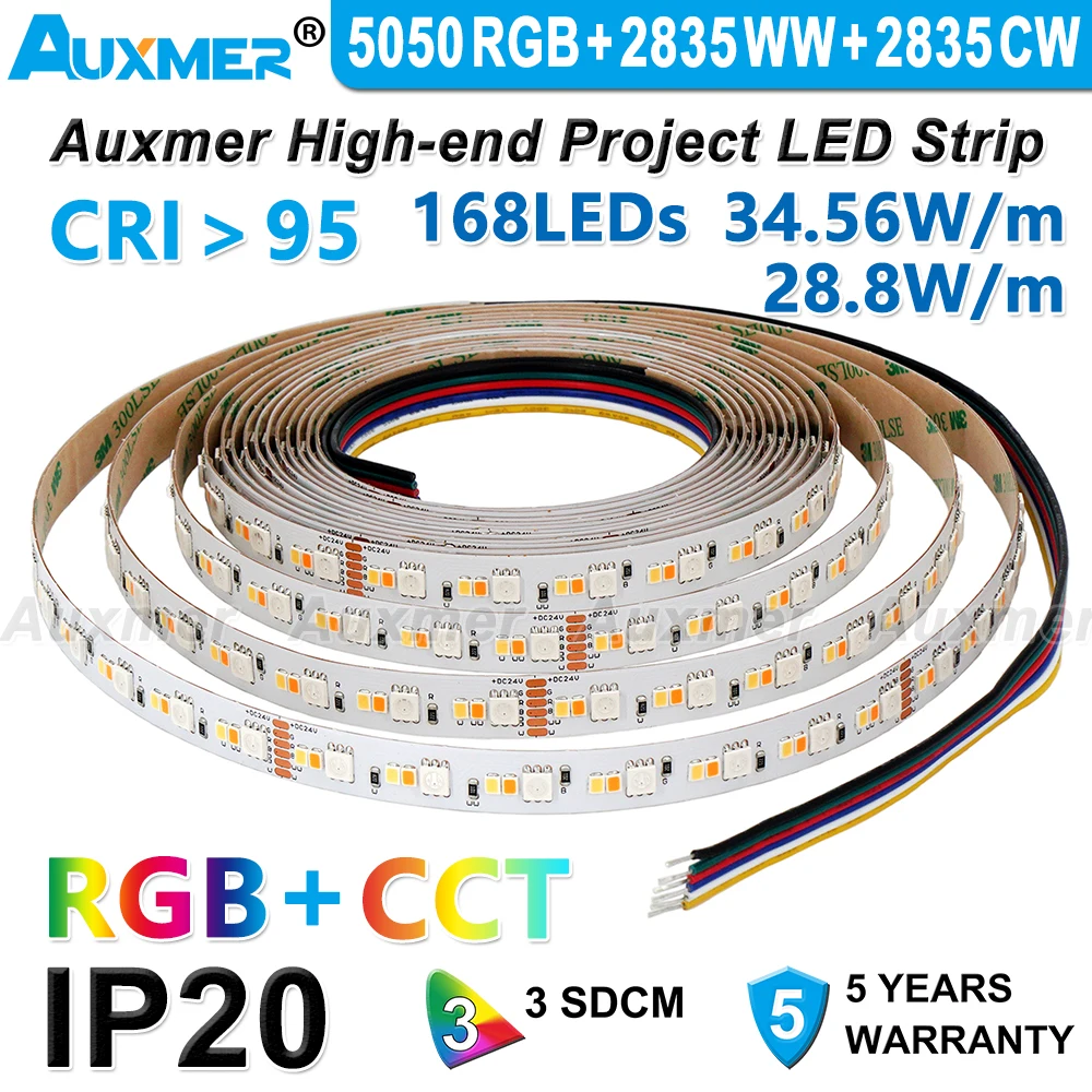 Striscia LED 5050RGBCCT, CRI95/90,5050RGB + 2835CCT ad alta potenza, 2000 ~ 6500K,IP20 28.8 W/m, temperatura regolabile, KTV, fai da te