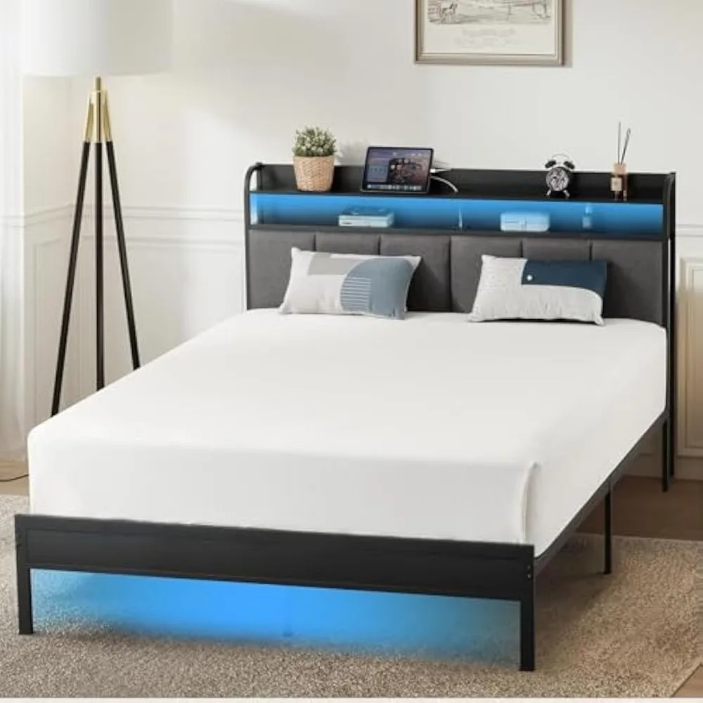 Queen Bed Frame w LED Lights Headboard, Queen Size Heavy Duty Metal Hybrid Bed Frame Bed Base, Charging Ports & Storage Shelves