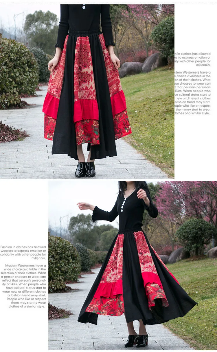 TIYIHAILEY Long Maxi A-line Elastic Waist Women Summer Spring Cotton Linen Big Hem Patchwork Skirts Black Red Layer Ladies Skirt