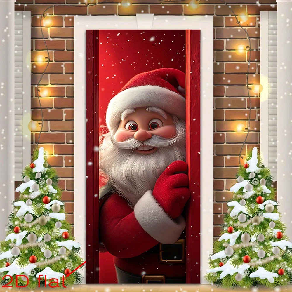 قطعة واحدة، لافتة باب مسطحة 2D، تقشر سانتا كلوز من خلف الباب الأحمر، بوليستر متعدد المقاسات/علم الباب