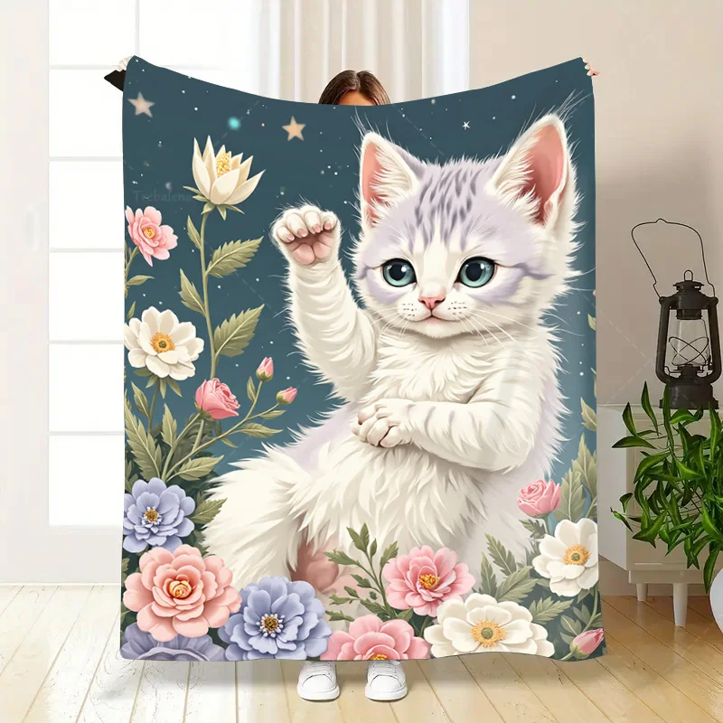 1 قطعة بطانية الفانيلا لطيف القط مع طباعة الأزهار بطانية مريحة لينة لديكور المنزل #5