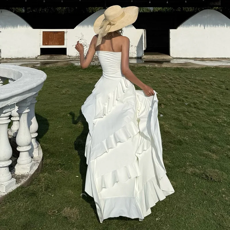 European and American Summer New Desire Irregular Waist-Cinching Strapless Backless Lace Dress Women