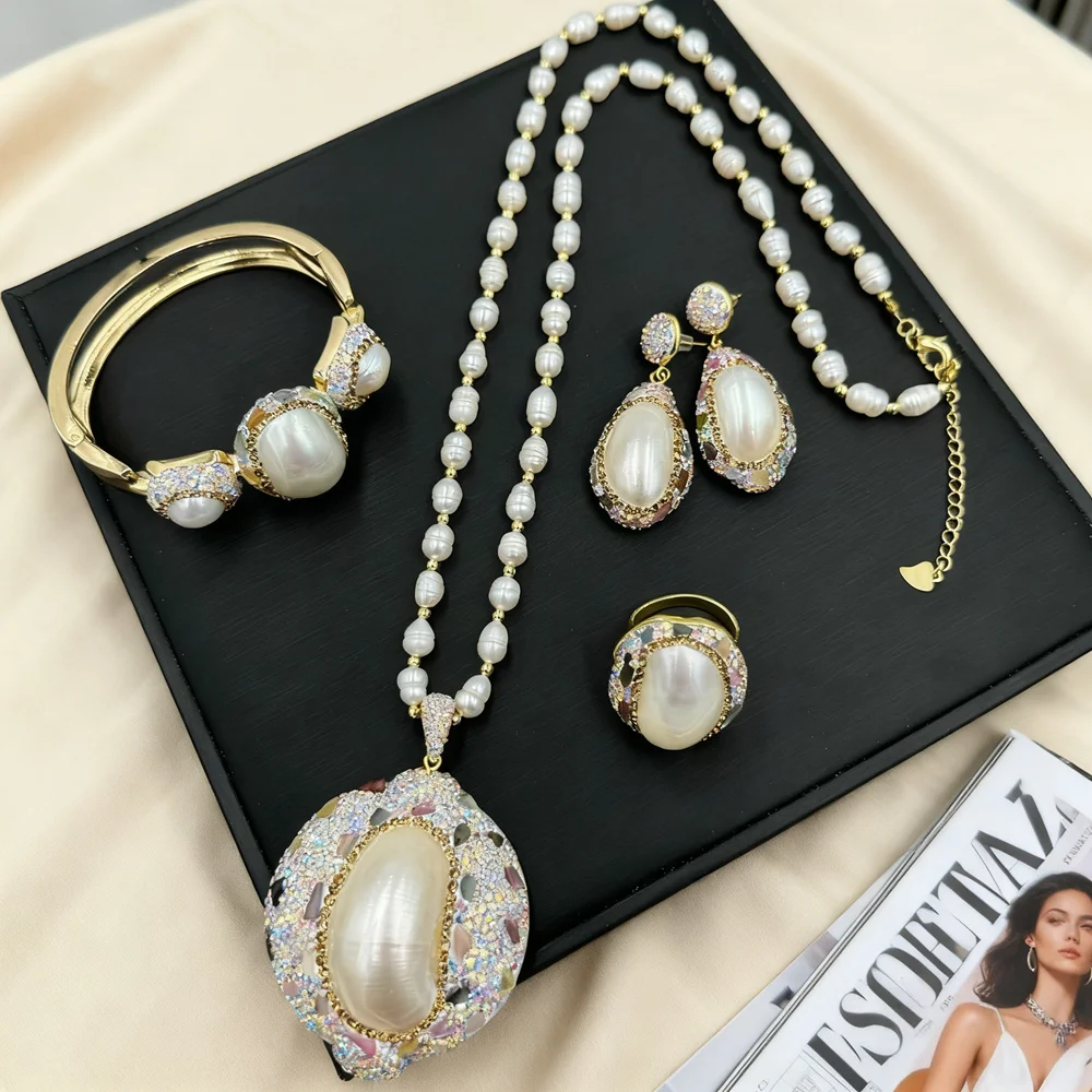 

Freshwater Pearl Mabe Shell Pearl Jewelry Sets for Women Inlaid Natural Tourmaline Crystal Cuff Bracelet Lady Wedding Sets