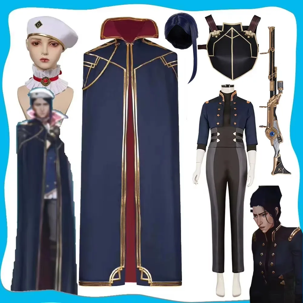 Arcane Caitlyn Kiramman Cosplay ciemnoniebieski długi płaszcz kostium gra LOL przebranie peleryna stroje Halloween karnawałowa sukienka UP garnitur