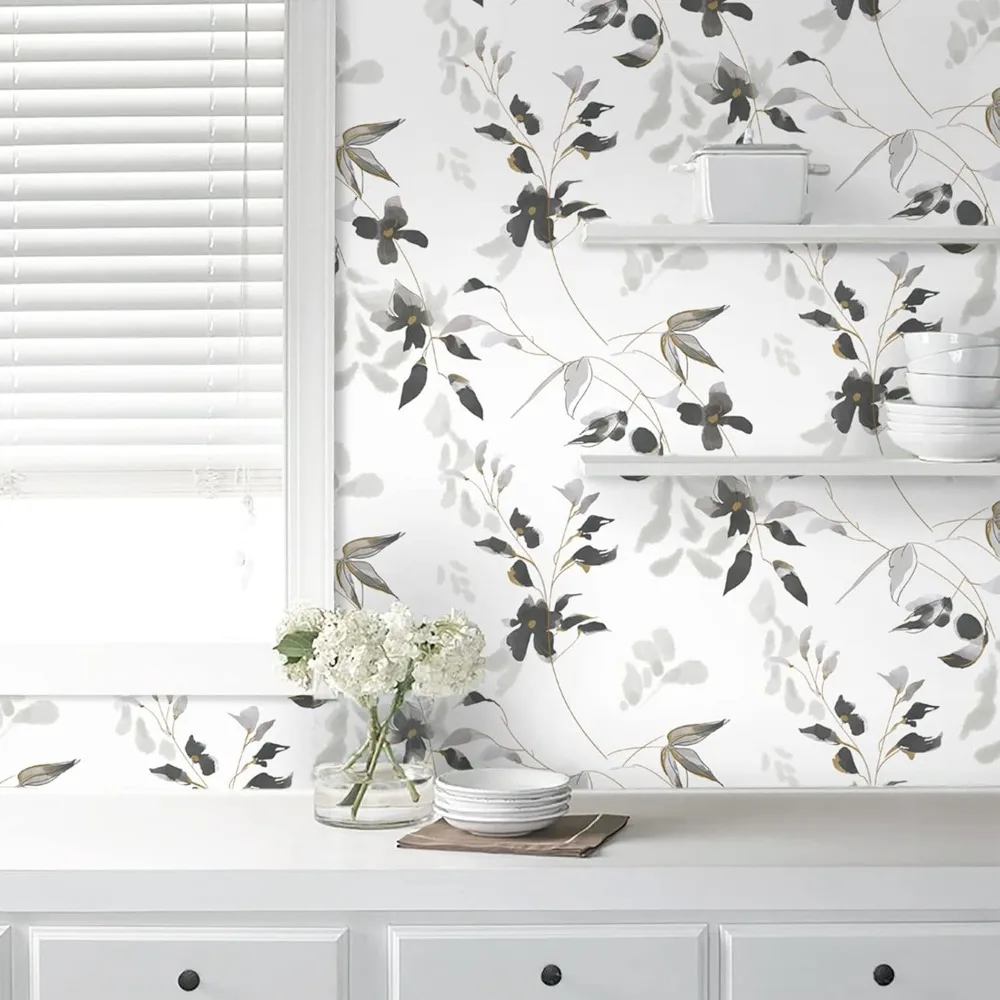 ورق جدران عصا تقشير باللونين الأبيض والأسود على شكل زهور حديثة - ورق جدران مقاوم للماء ذاتي اللصق على طراز بوهو قابل للإزالة للجدران