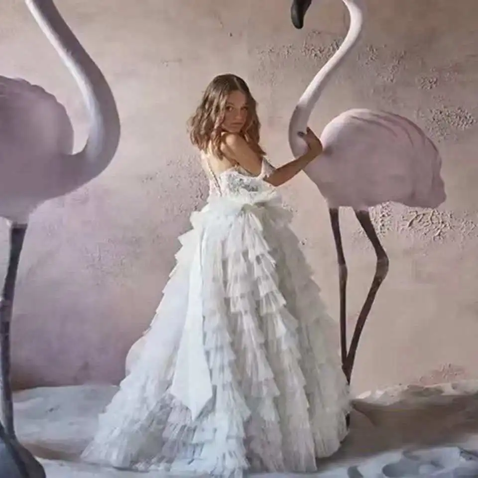 Maßgeschneidertes Schulterfreies Prinzessinnen-Geburtstagskleid Rückenfreies Tüll-Kleid mit Applikationen Blumenmädchenkleid 2026 Erstkommunionskleid – Detail 6