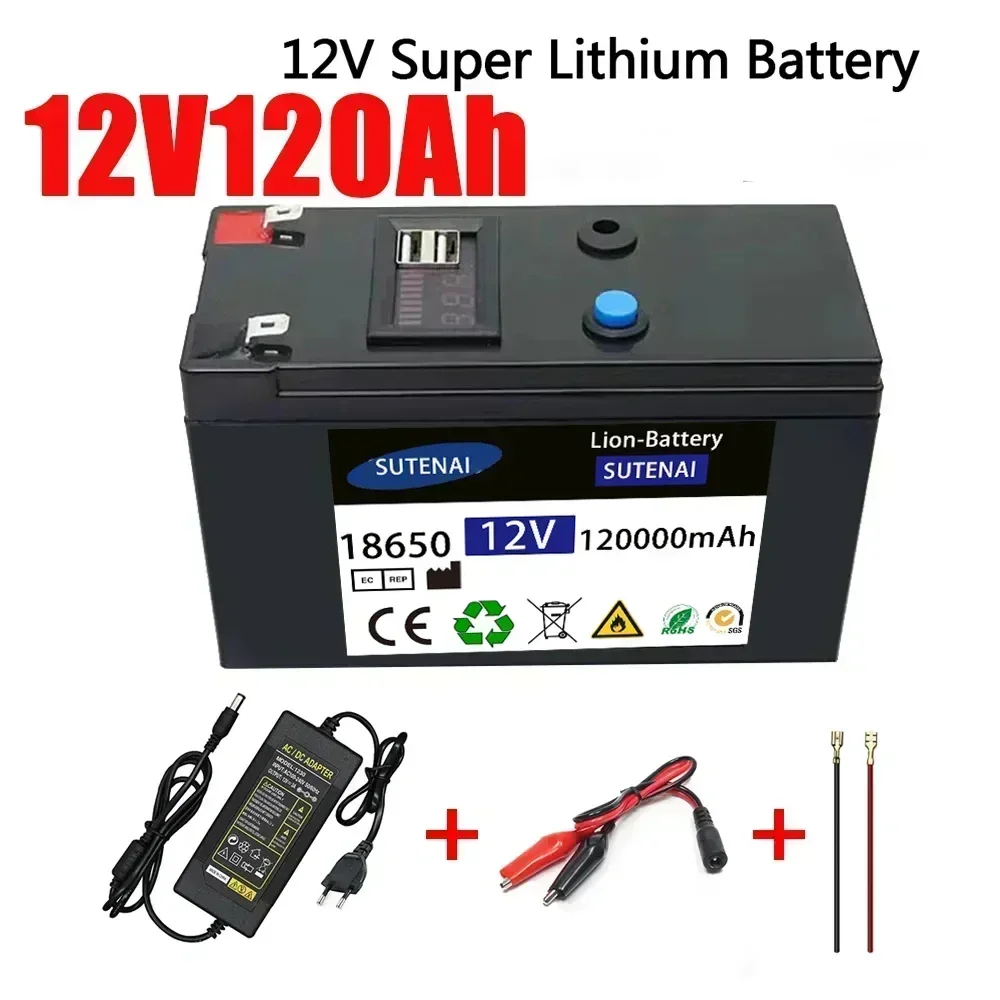 12V Battery 120Ah 18650 lithium battery pack Rechargeable battery for solar energy electric vehicle battery+12.6v3A charger