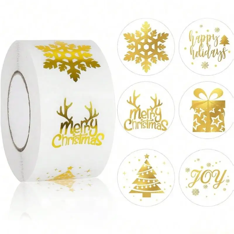 Christmas Seal Sticker Labels Roll Gold Print Round Seals, 500 Count 1 Inch for Gift Wrapping, Envelope Closure, Card and Paper