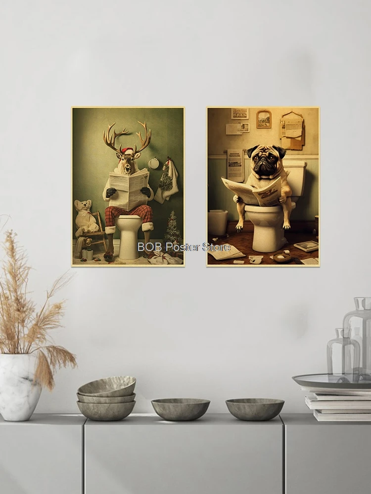 Dieren Badkamer Toilet Grappige Poster Kraft Papier Kat Kikker Kunst Home Decor Foto Diy Toilet Kamer Schilderij Muursticker Cadeau