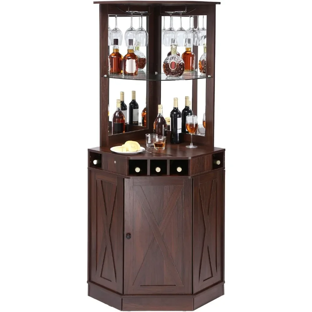 Corner Industrial Bar Cabinet, Wine Table for Liquor & Glasses, Sideboard Buffet Cabinet with Glass Holder,  Bar Cabinet