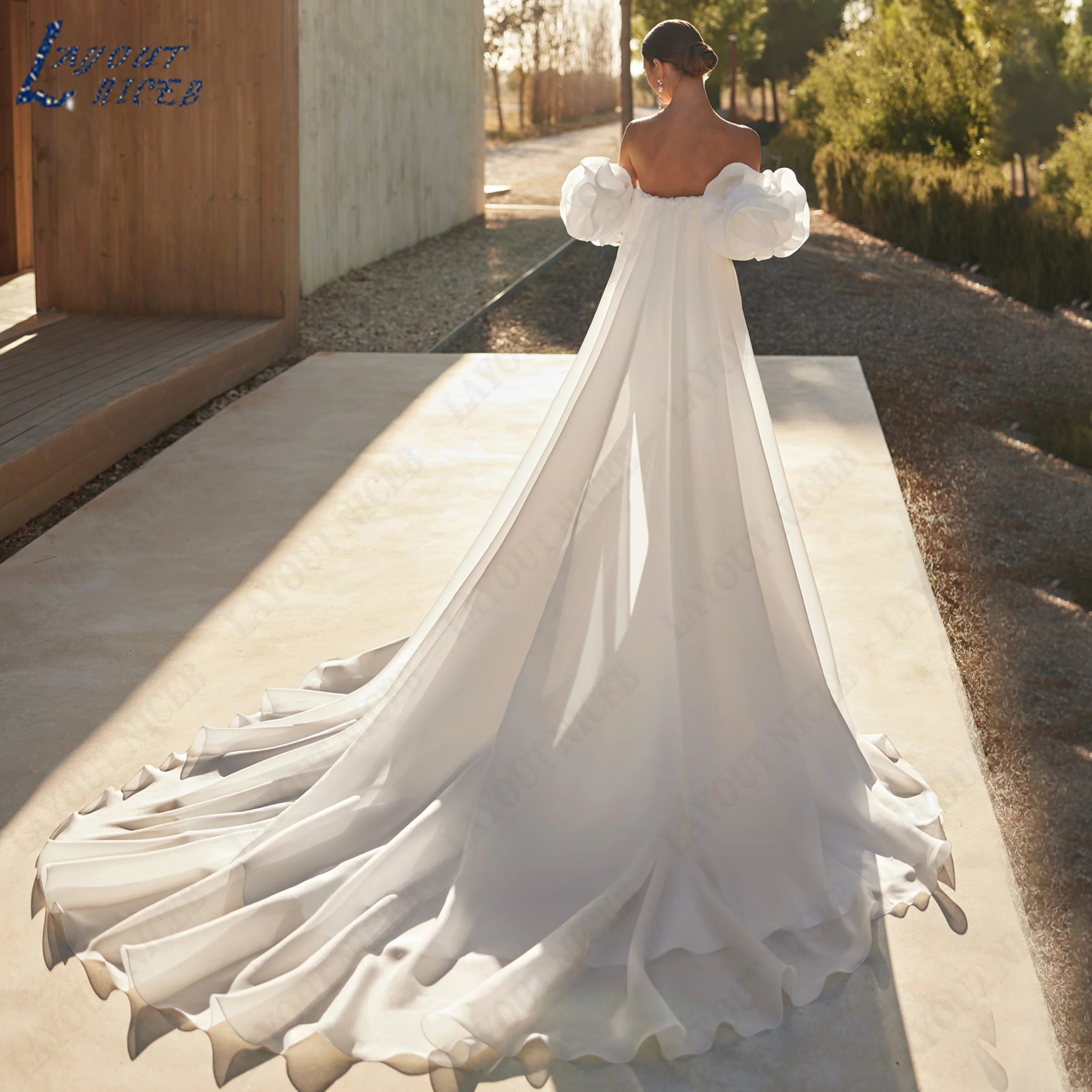LAYOUT NICEB Customized Off Shoulder Mermaid Wedding Dress Removable Puff Sleeve Satin Gowns For Bride Backless Bridal Gown