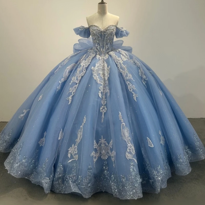 

Sky Blue Shiny Quinceanera Dresses Off The Shoulder Applique Lace Beading Crystal Tull Corset Party Birthday Sweet 16 Dress