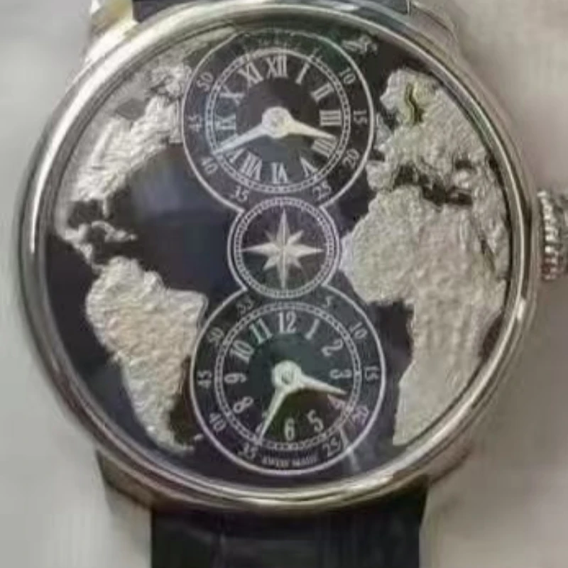 أحدث ساعة اليد الميكانيكية للرجال ذات المنطقة الزمنية المزدوجة، ساعة خريطة العالم، شحن مجاني مقاوم للماء