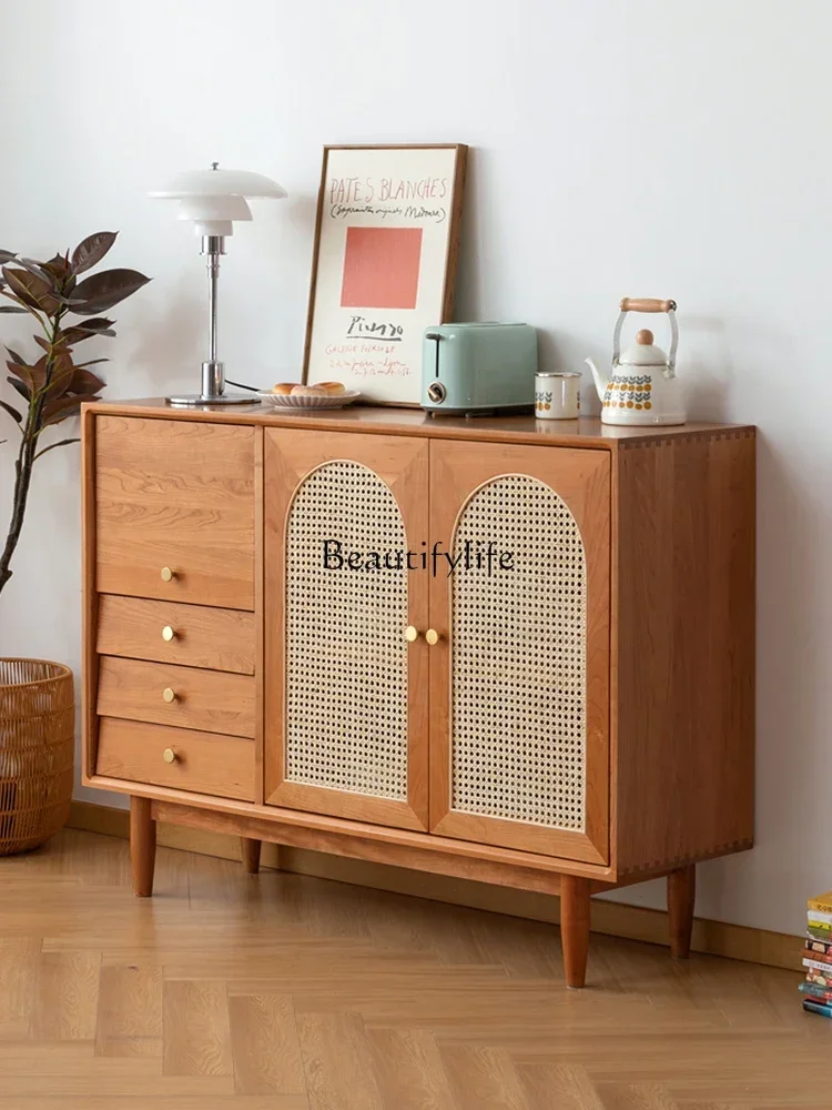 

Japanese-Style Cherrywood Sideboard Cabinet Solid Wood Rattan Home Living Room Entrance Cabinet