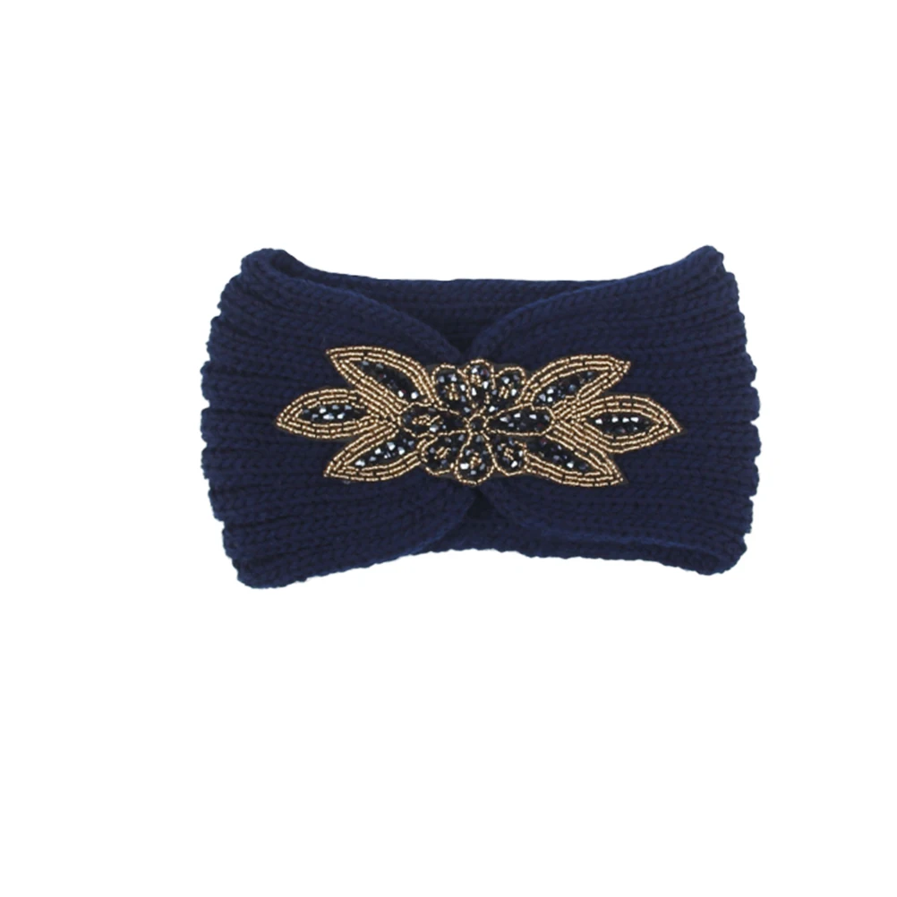 

Drilled Rhinestone Headband Knitted Woolen Yarn Hair Hoops Warm Winter Hair Band Flower Pattern Minimalist Headwrap Navy