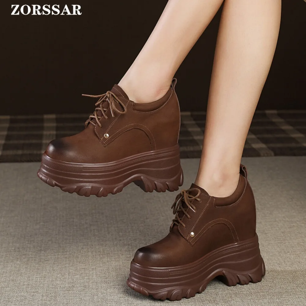 12cm Genuine Leather Women Casual Shoes Chunky Sneakers Platform Wedge Hidden Heel Women Leisure Shoes Summer Sneaker Women