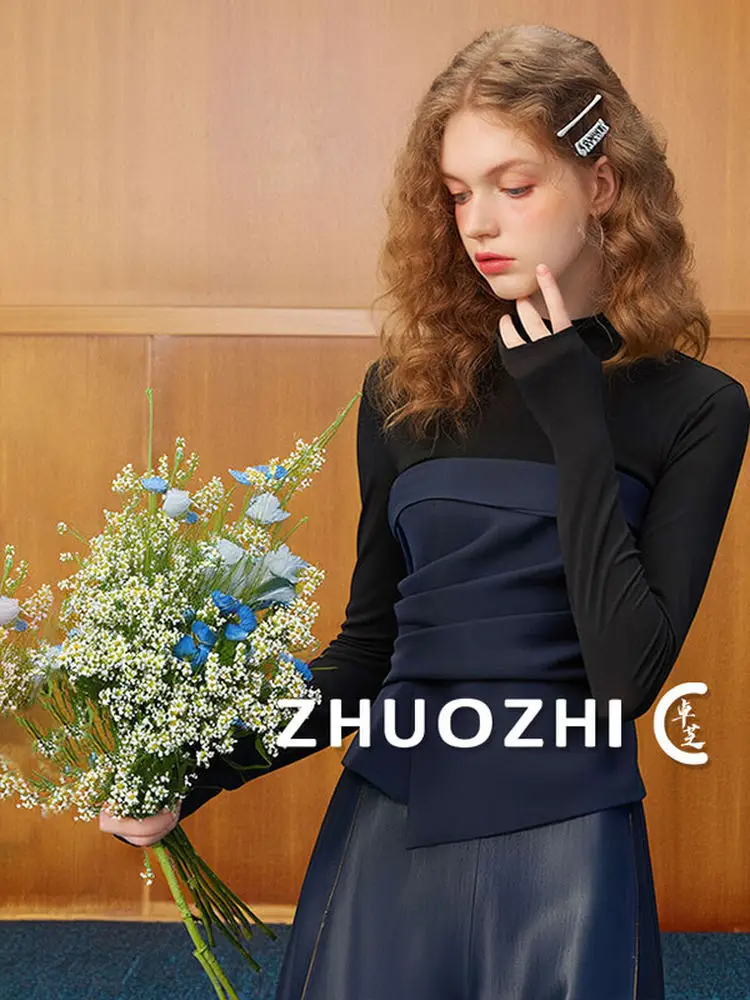 

ZhuoZhi Slim Fit Casual Splice Waisand Elastic Bot irt Autumn New Sle Creative Design Women's T-irt Breathable Lon...