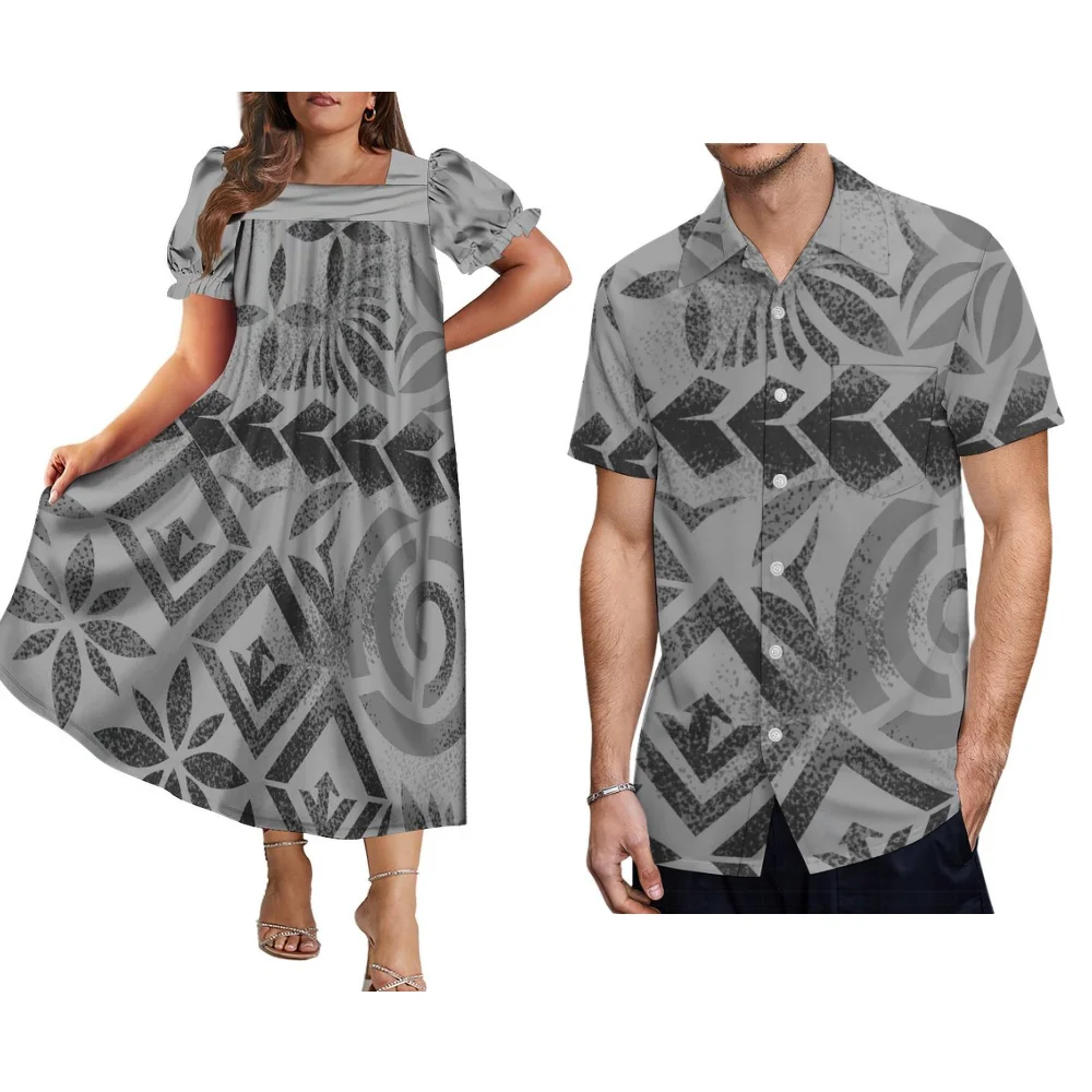 Modello samoano Abito estivo da donna Mumu con collo quadrato e maniche a sbuffo Tribe polinesiana Gonna lunga gonfia Camicia da uomo Abito da coppia